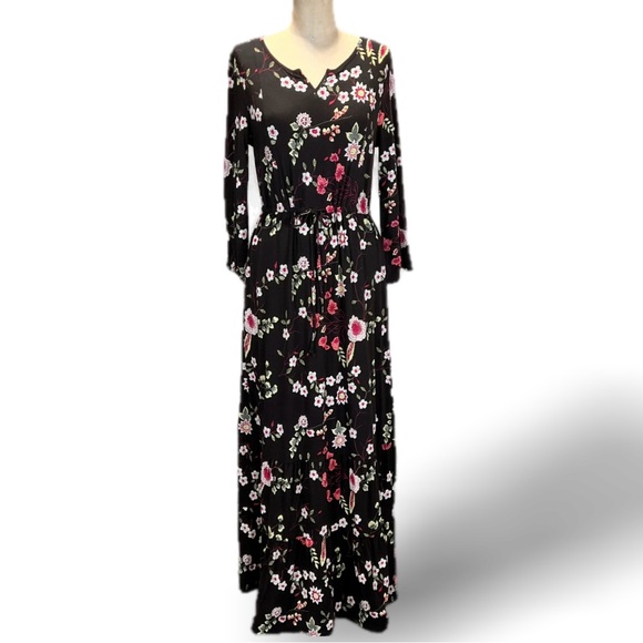 Style & Co. Dresses & Skirts - Dark moody botanical floral maxi dress long sleeve‎ elastic drawstring waist